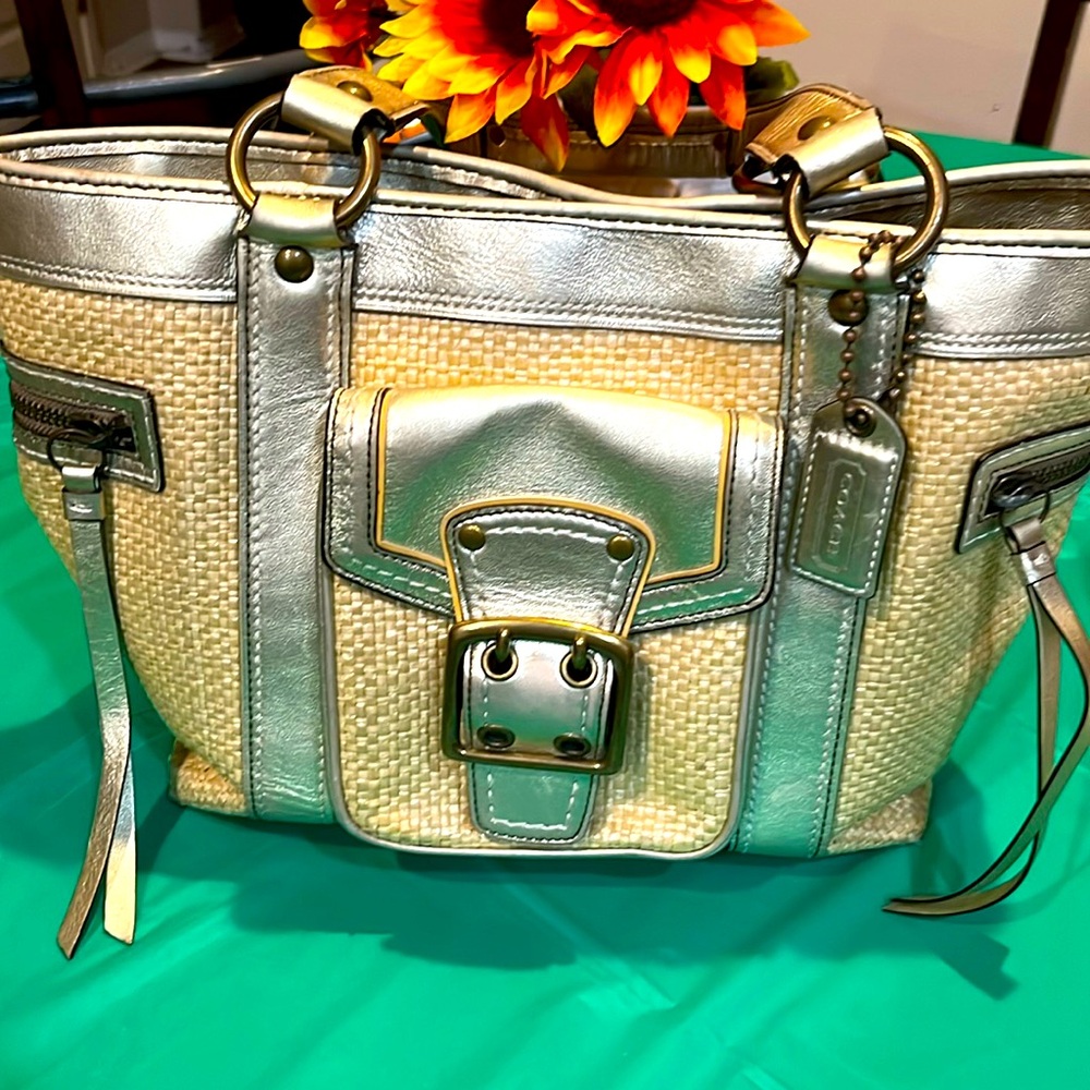 Coach Legacy M05k-113 Natural Woven Straw Cream and Gold Leather Trim Tote Bag